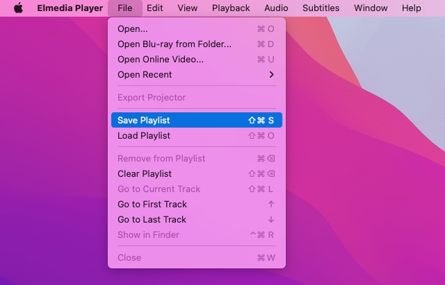 2. Select File → Save Playlist in the main menu:  ...