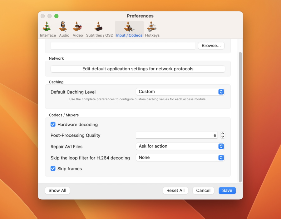 Input/Codecs in VLC's Preferences