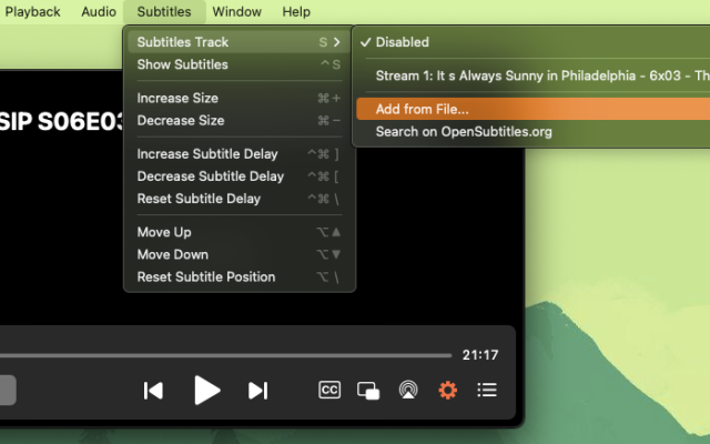 Elmedia Player - Subtitles menu