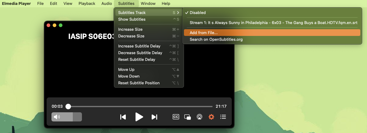 Elmedia Player - Subtitles menu