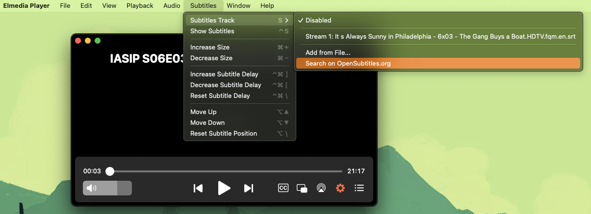 Elmedia Player - Subtitles Track submenu