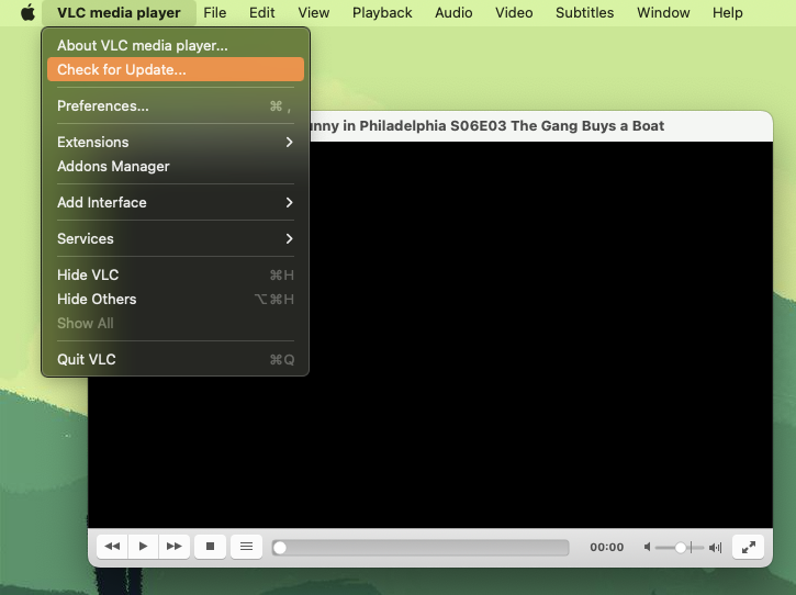 Checking for the update of the software VLC application menu