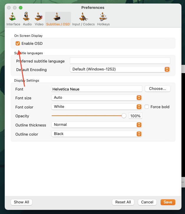 Checking the box next to “Enable OSD” in the Subtitles/OSD Menu section VLC Settings