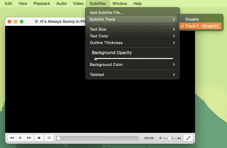 VLC Subtitles menu bar