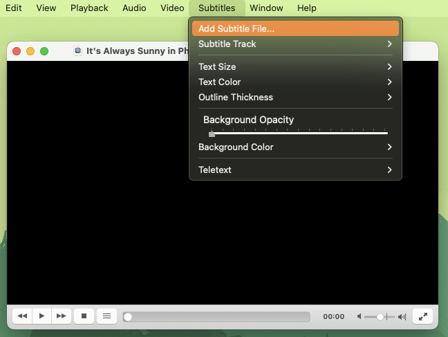 Subtitles section is selected VLC app’s Menu Bar