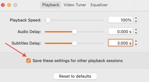 Playback settings for Subtitles delay in Elmedia