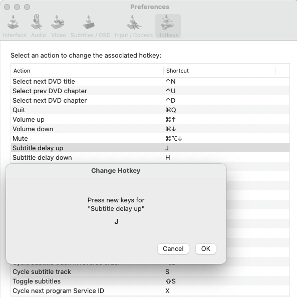 VLC player’s Preferences - Hotkeys submenu