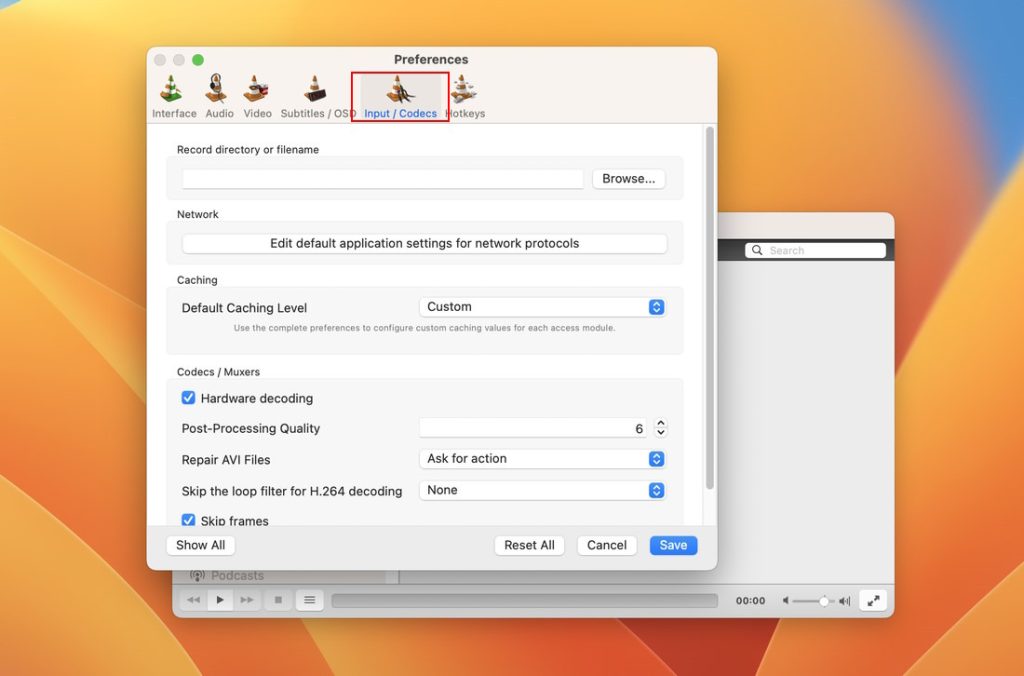 Inputs/Codecs section of VLC’s Preferences