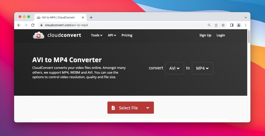 AVI to MP4 CloudConvert page is opened CloudConvert website