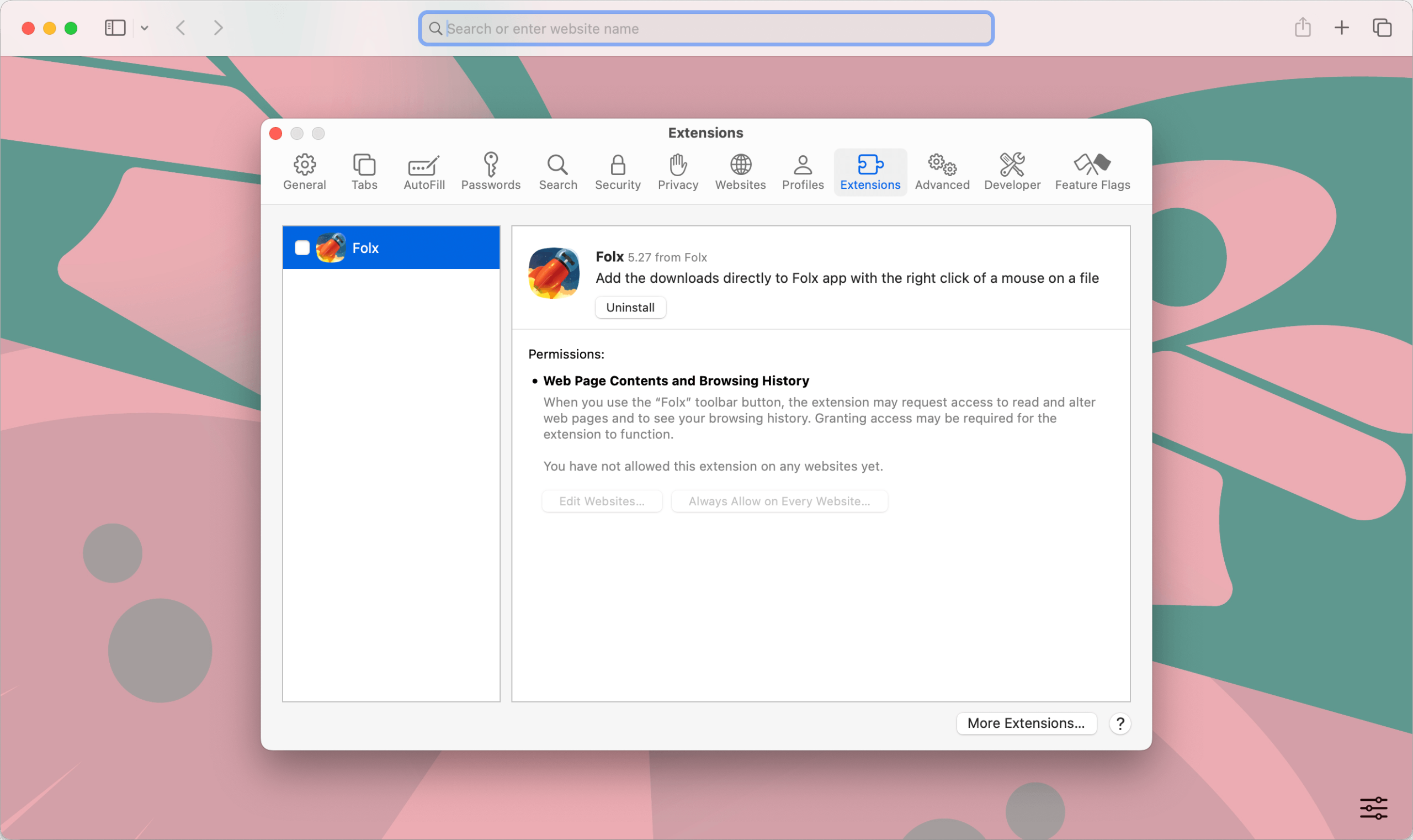 The Safari browser Extensions pop-up window