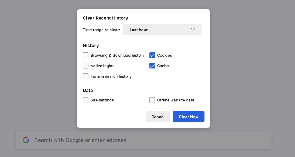 Cache and Cookies Click Clear Now