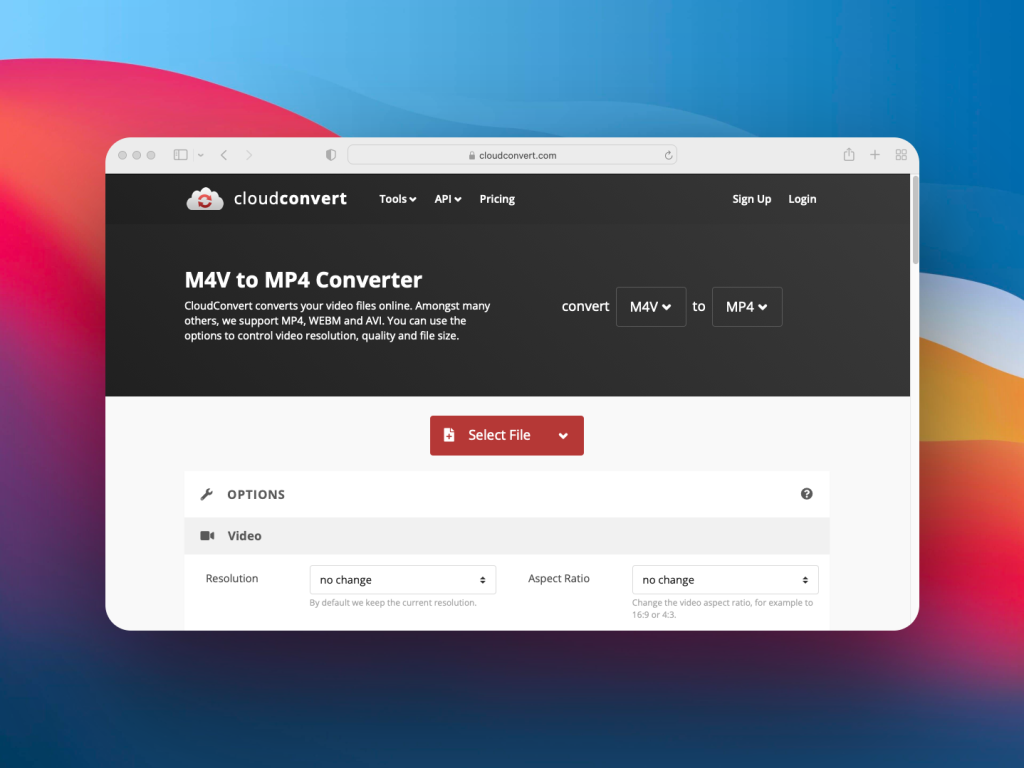 Select the file for online conversion in the CloudConvert The CloudConvert Service