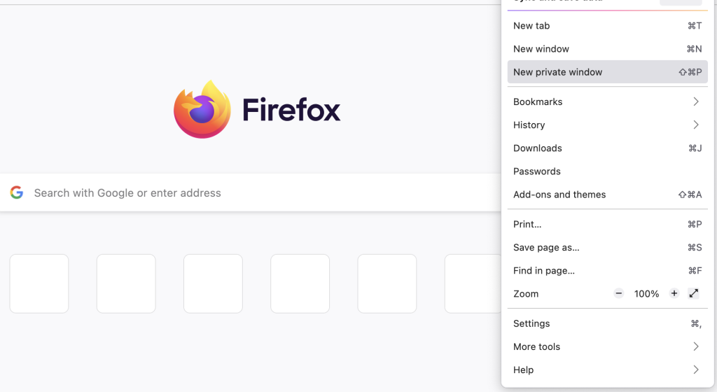 Private Window Option You can also use a keyboard shortcut to open an private window