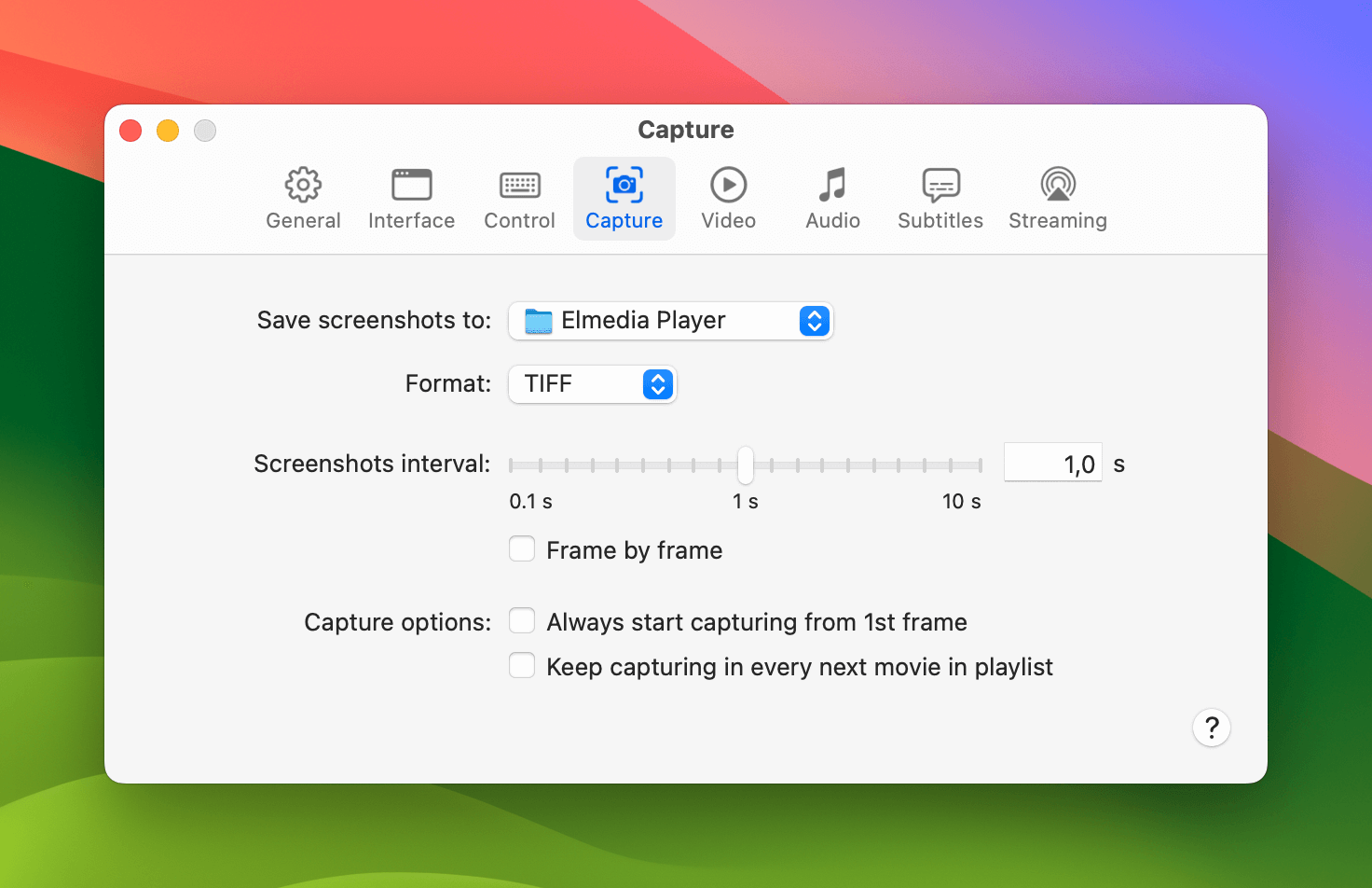 Select the Capture section in the Settings menu of the Elmedia Player The Settings menu of the Elmedia Player