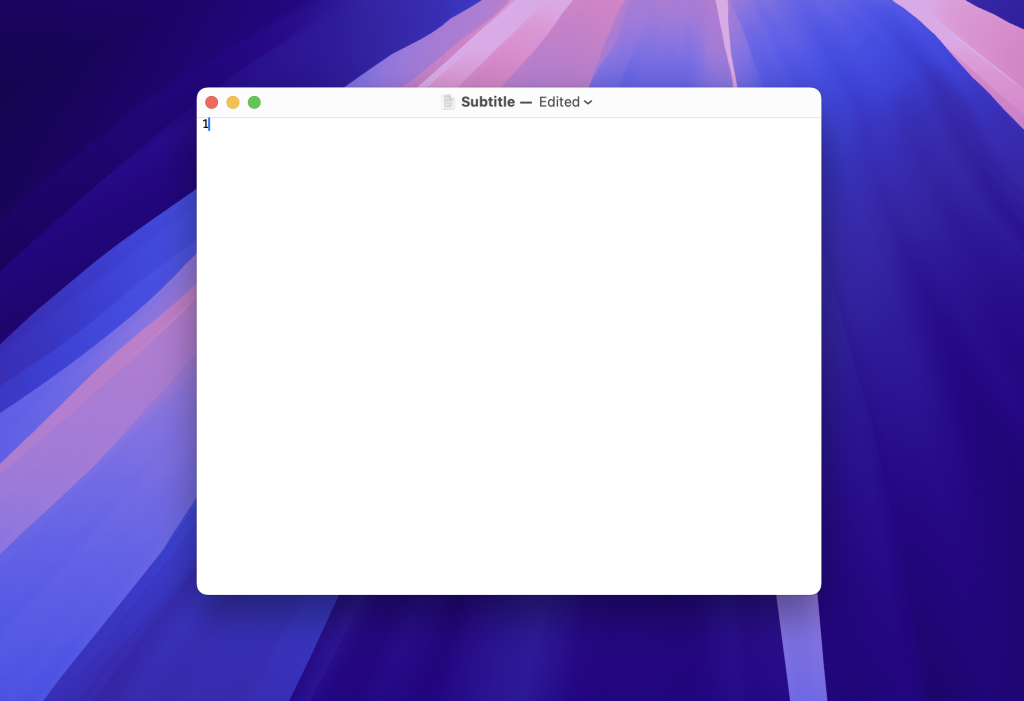 Subtitle document in the TextEdit app is shown Type number "1" on the first line in the new document