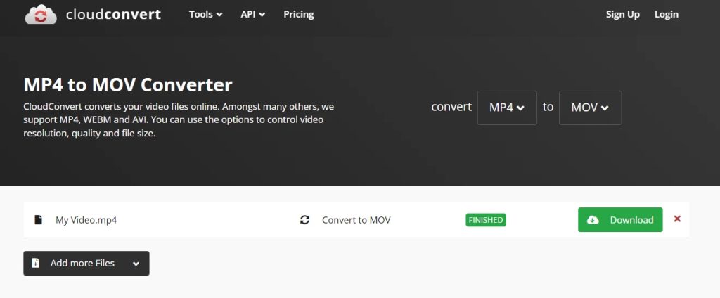 MP4 to MOV conversion completed on CloudConvert