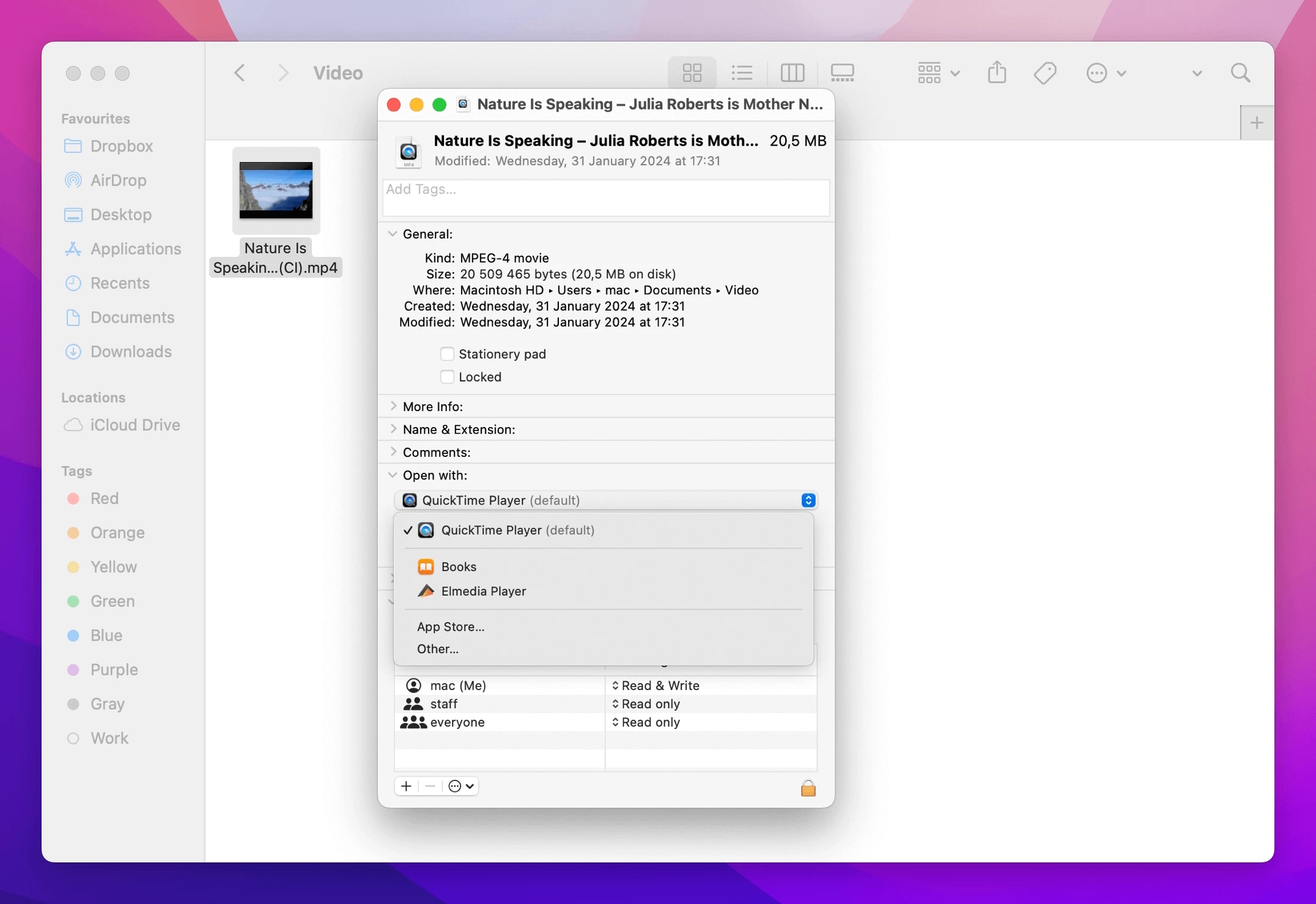 Um die Liste der Mediaplayer-Apps anzuzeigen, wählen Sie den Abschnitt „Öffnen mit“.