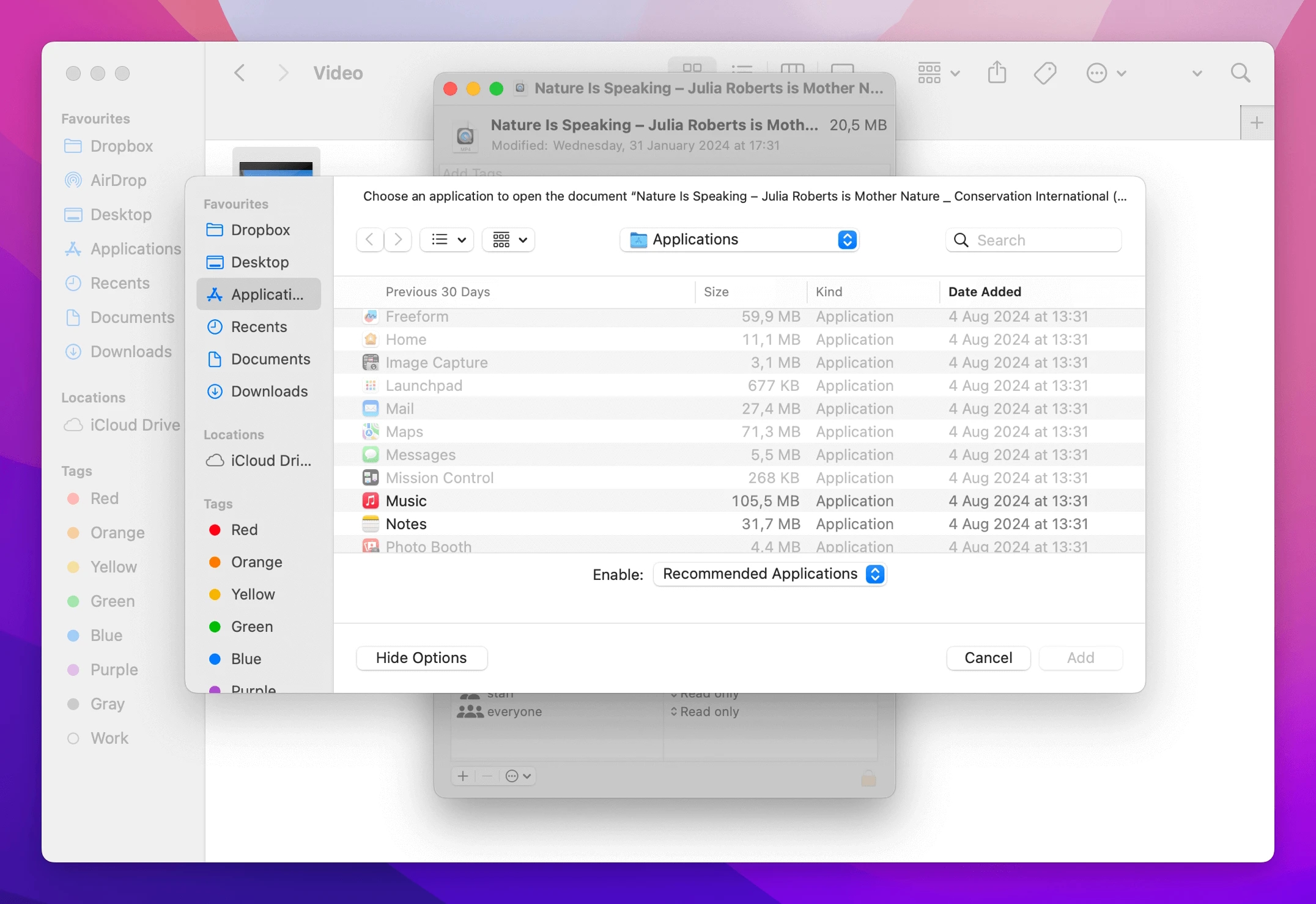Die erweiterte Auswahl der Anwendungen zum Abspielen von Videos ist geöffnet