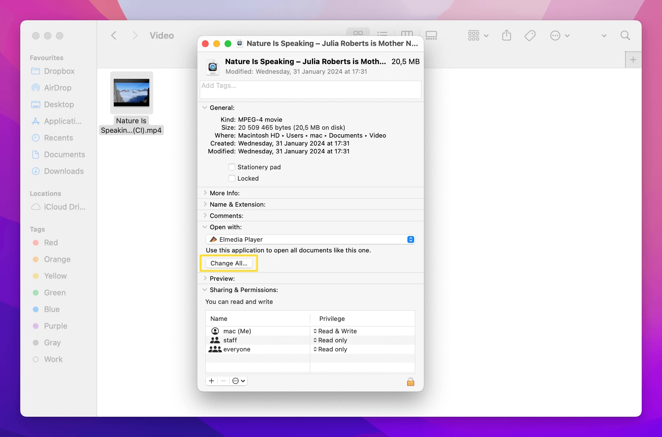 Der QuickTime Player wurde im Abschnitt „Öffnen mit“ des Kontextmenüs „Informationen“ durch den Elmedia Player ersetzt.