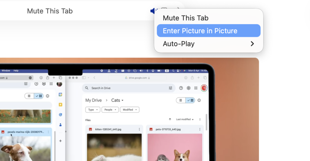 Right-click the blue speaker icon in the address bar and choose Enter Picture in Picture