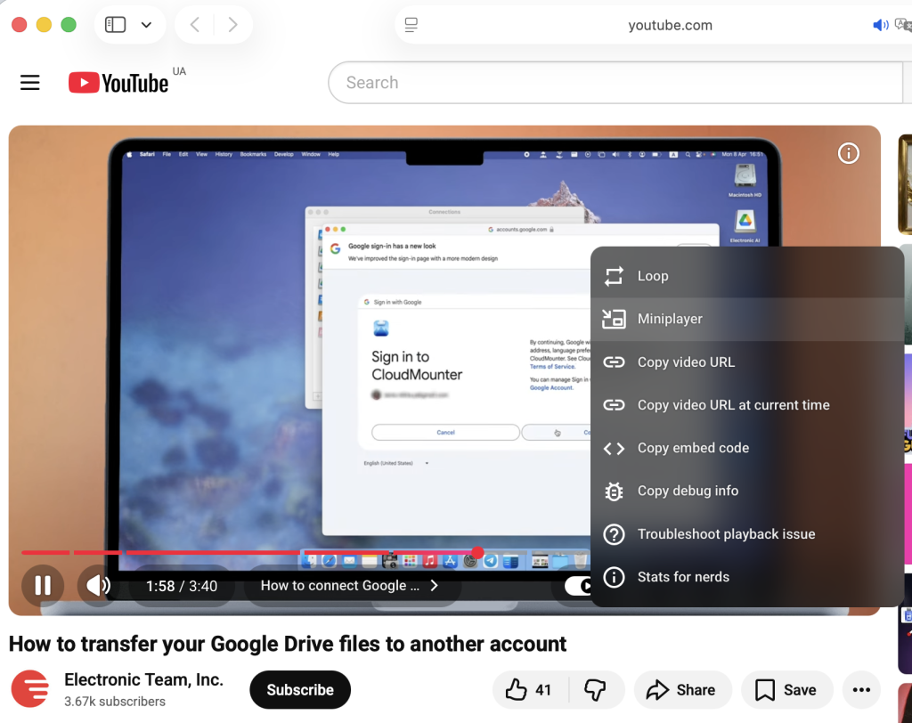 YouTube includes a built-in mini player that you can open from the video's context menu