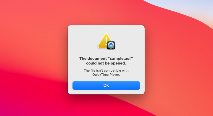 The document “sample.asf” could not be opened QuickTime players pop-up notification