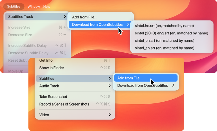 Elmedia Player subtitle track menu with OpenSubtitles download options