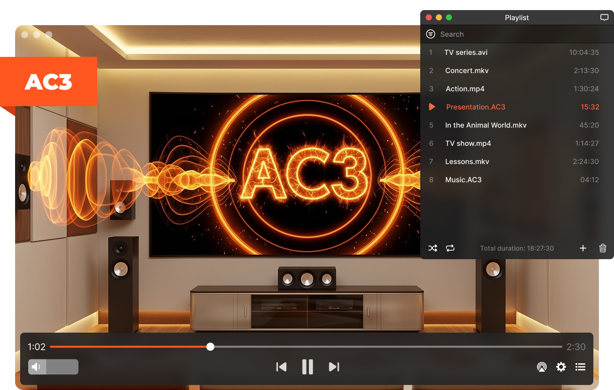 Elmedia AC3-Player mit Wiedergabeliste unter macOS