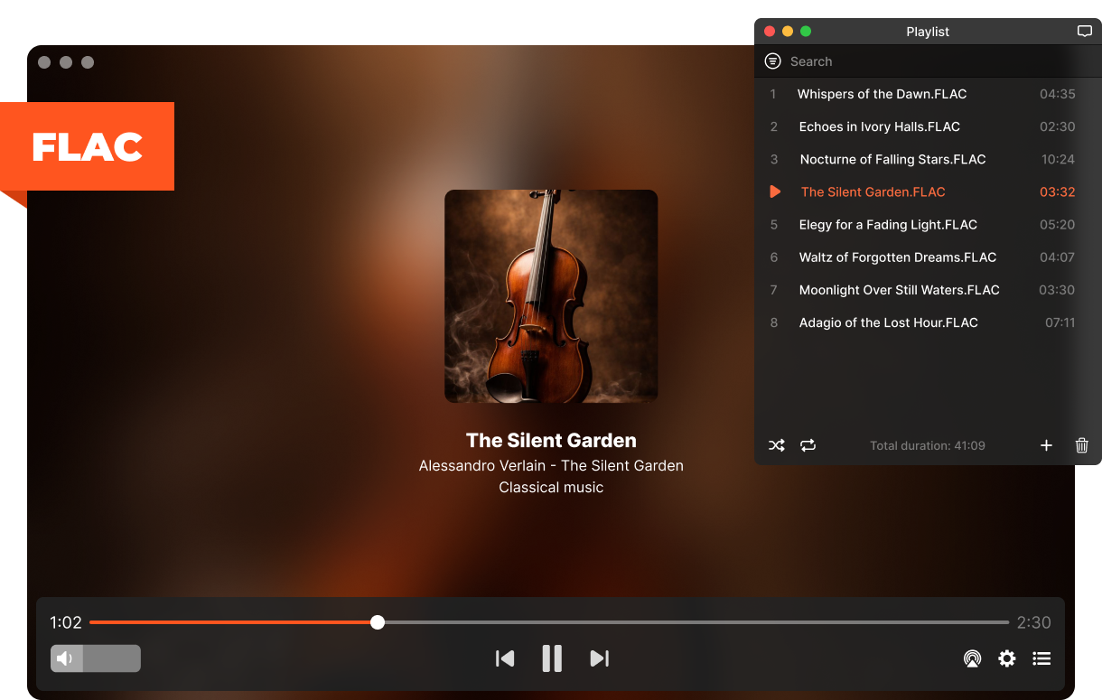 Fichiers FLAC dans la playlist Elmedia sur macOS