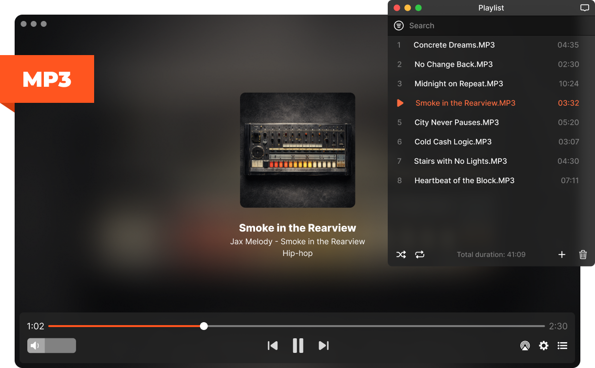 Arquivos MP3 na playlist do Elmedia no macOS