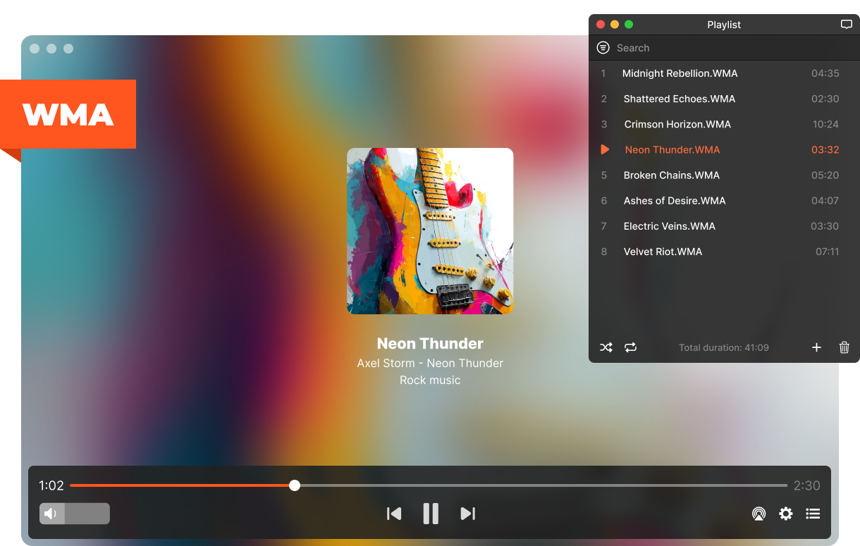 Archivos WMA en la lista de reproducción de Elmedia en macOS