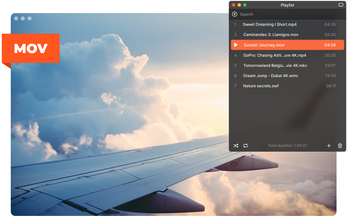 El reproductor MOV de Elmedia con lista de reproducción en macOS
