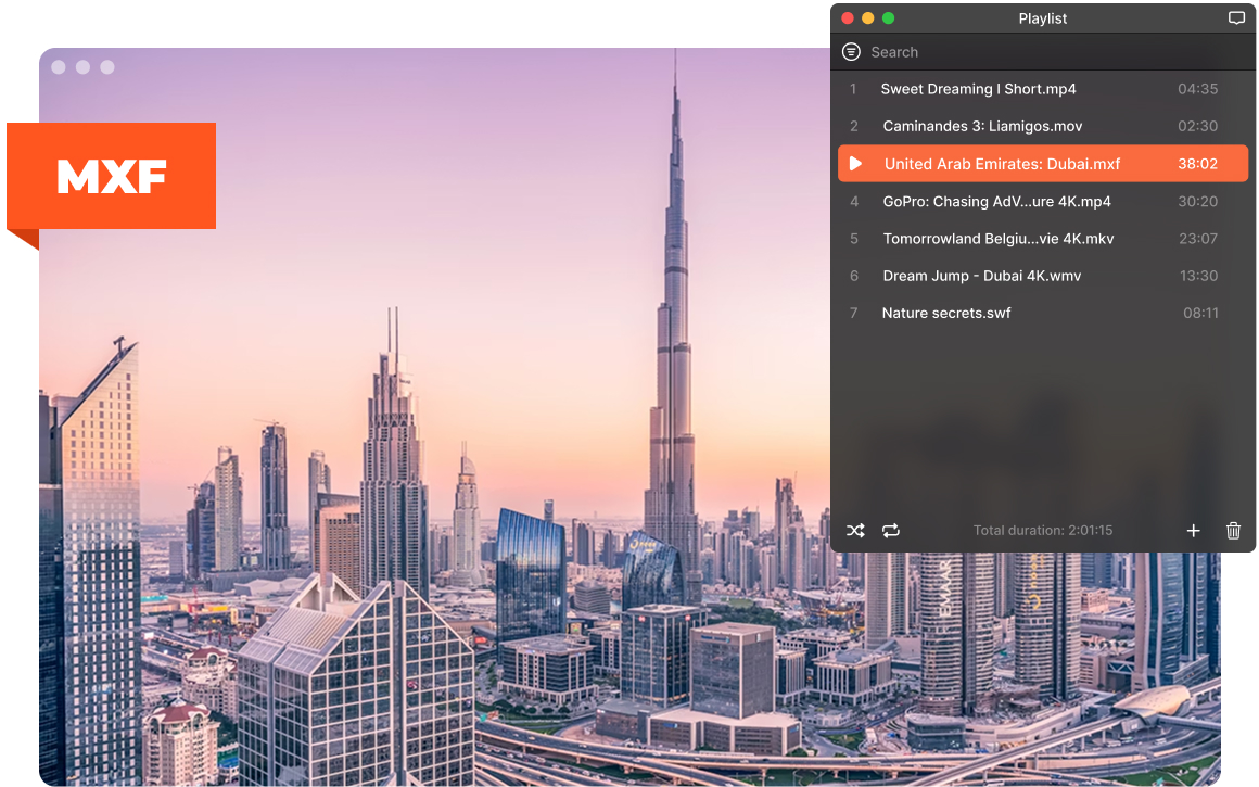 Odtwarzacz Elmedia MXF z listą odtwarzania na macOS