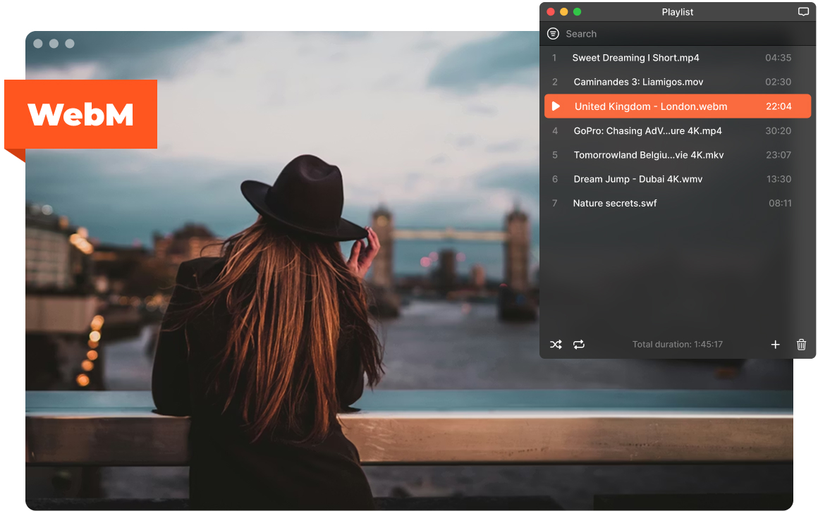 Reproductor WebM de Elmedia con lista de reproducción en macOS