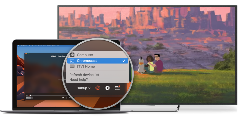 Elmedia Player allows you to stream local files to a different device through the use of AirPlay 2, DLNA or Chromecast.